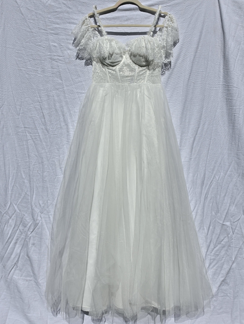 NWT Ever-Pretty White Lace Tulle Wedding Dress Sz L Spaghetti Strap Bridal Gown